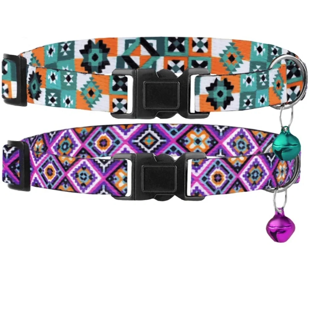 Cat collars Aztec print purple turquoise bell breakaway clasp